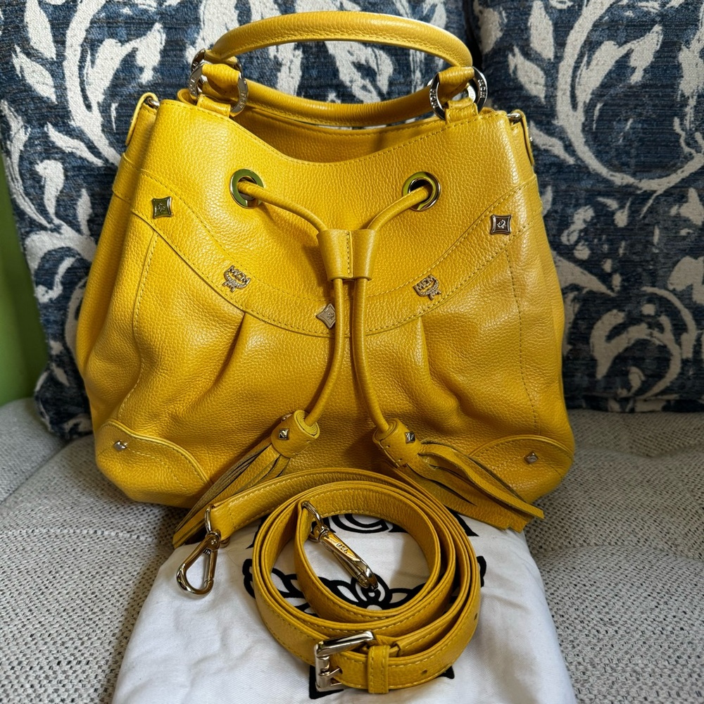 MCM Lemon Yellow Leather Bucket bag with strap
